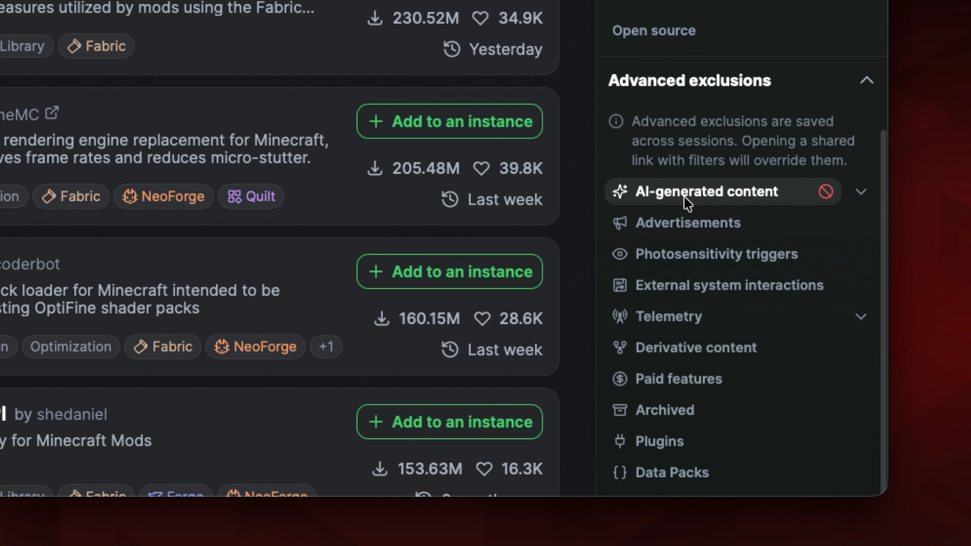 At the bottom of the search filters, there is an "Advanced exclusions" section. You can select different disclosures to exclude from your search results.